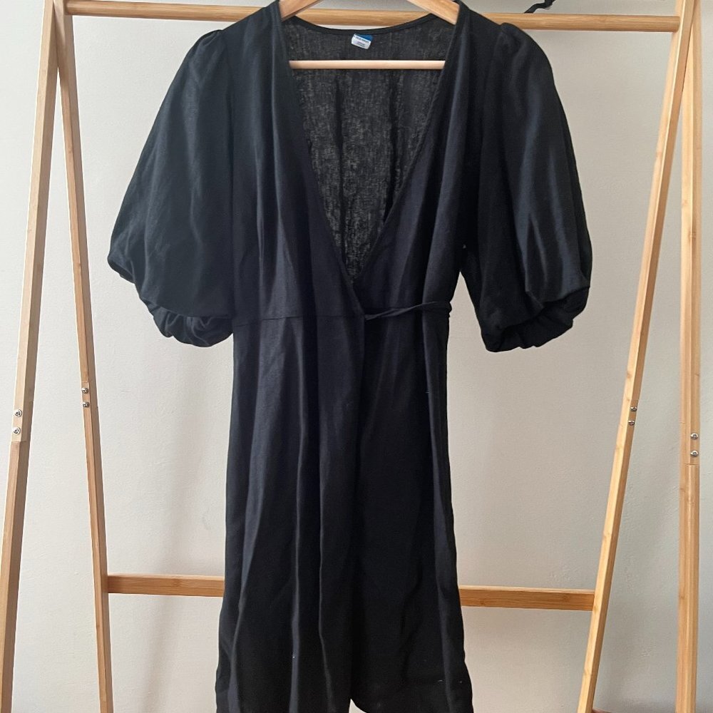 NWT Black Old Navy Linen Blend True Wrap Dress with Puff Sleeves